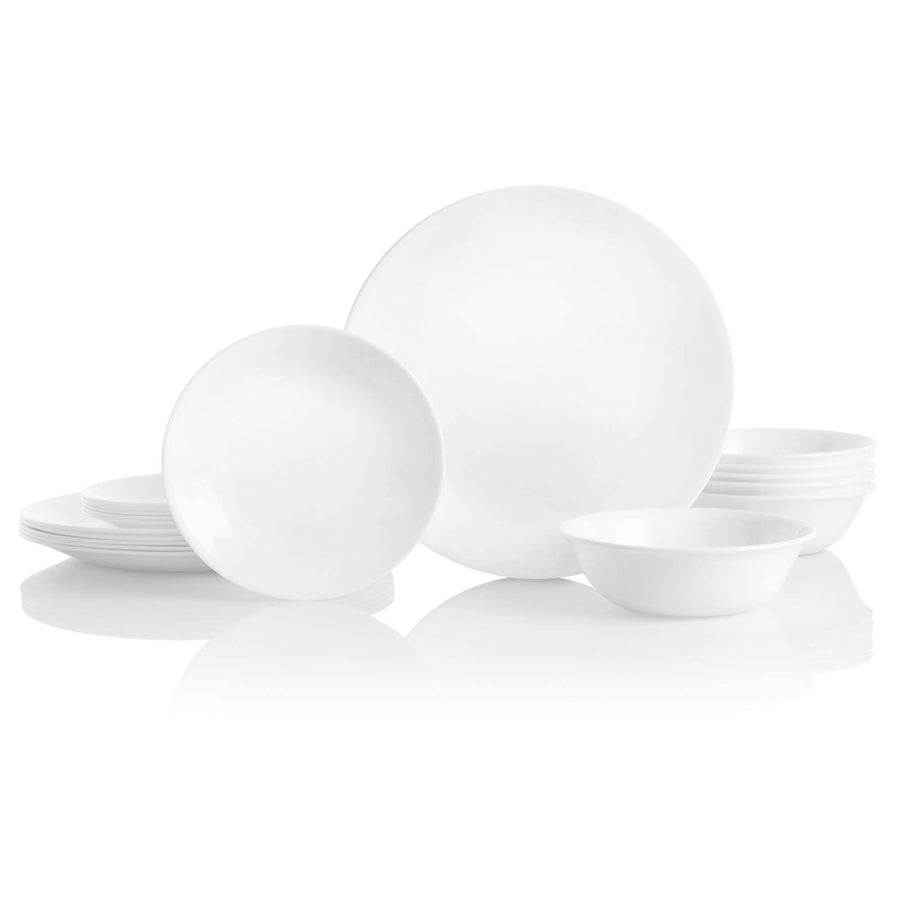 Corelle Vitrelle 18-Piece Service for 6 Dinnerware Set, Triple Layer Glass and Chip Resistant, Lightweight Round Plates and Bowls Set, Winter Frost