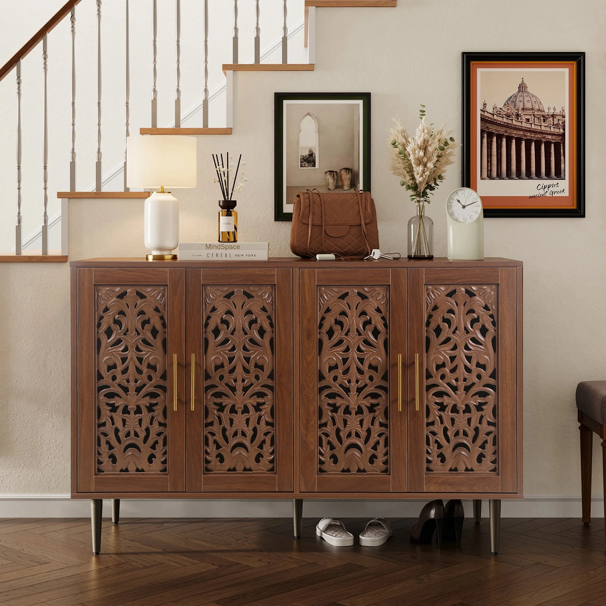 HLR 48" Accent Cabinet with 4 Doors, Vintage Hollow Carving Storage Credenza, Sideboards and Buffets Cabinet for Living Room, Kitchen, Dining Room, Entryway