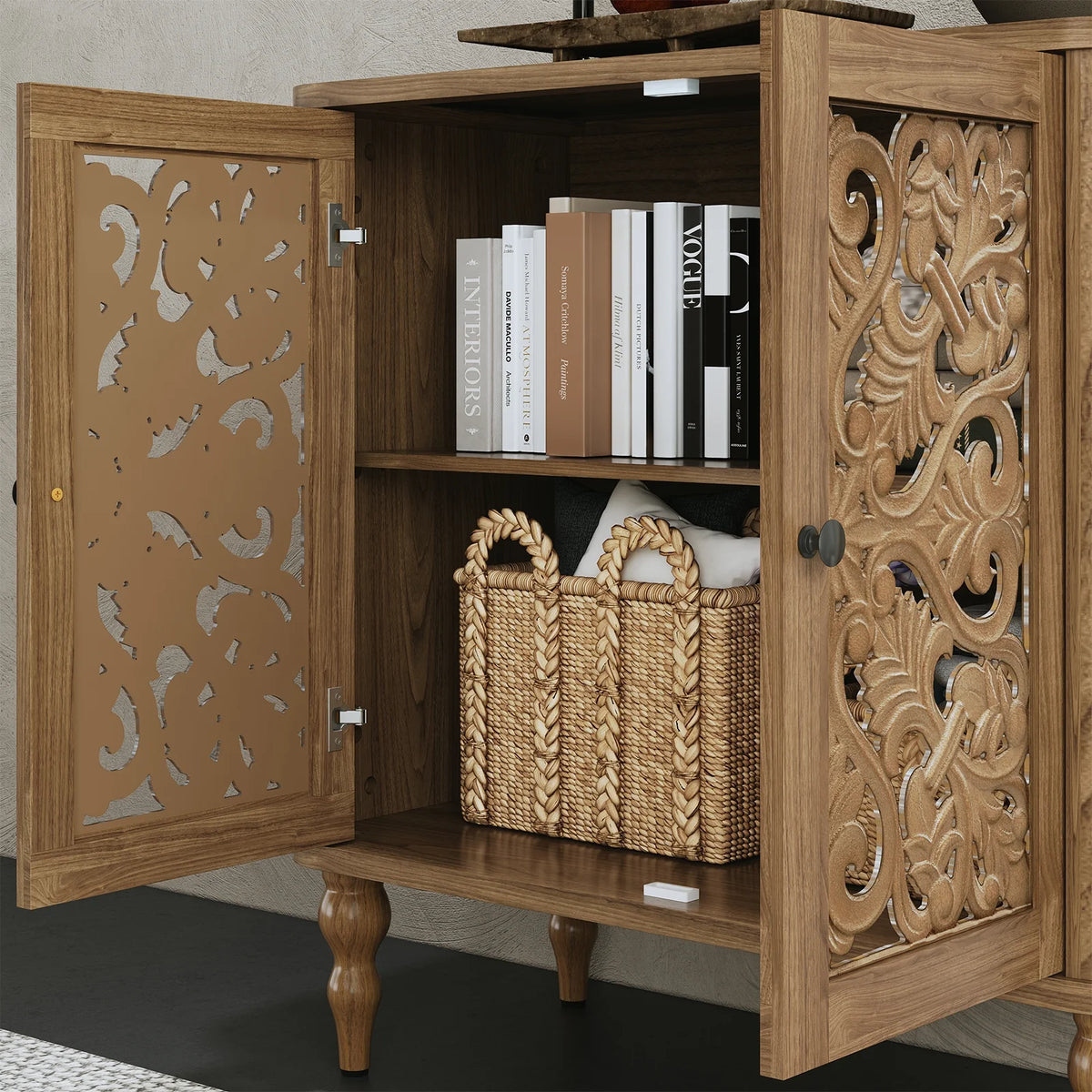 HLR 48" Accent Cabinet with 4 Doors, Vintage Hollow Carving Storage Credenza, Sideboards and Buffets Cabinet for Living Room, Kitchen, Dining Room, Entryway