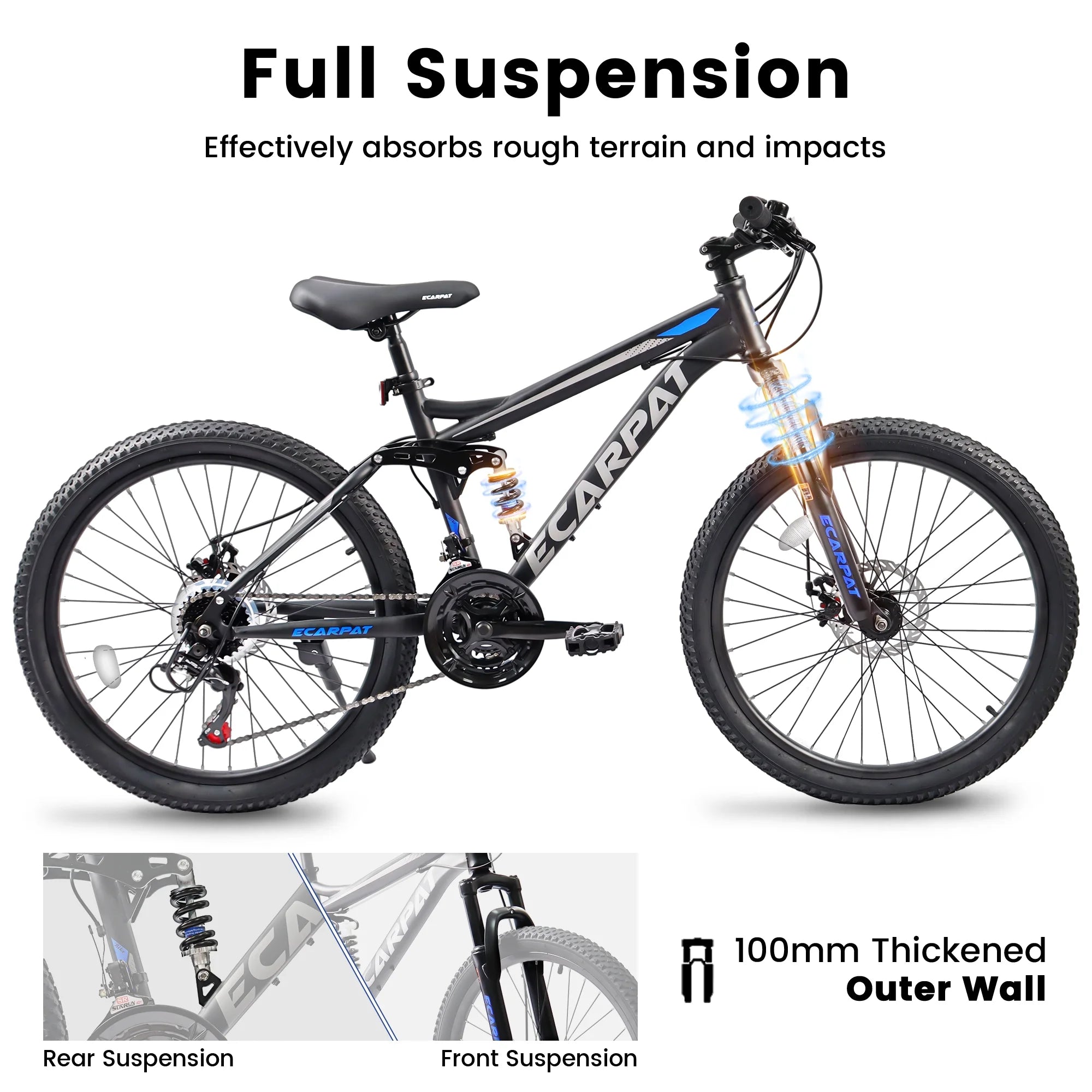 24 in Dual/Front Suspension Mens Womens Mountain Bike, 21 Speeds Dual Disc Brake, High - Carbon Steel Frame, Trail Beach Snow Commuter City Bikes, Black