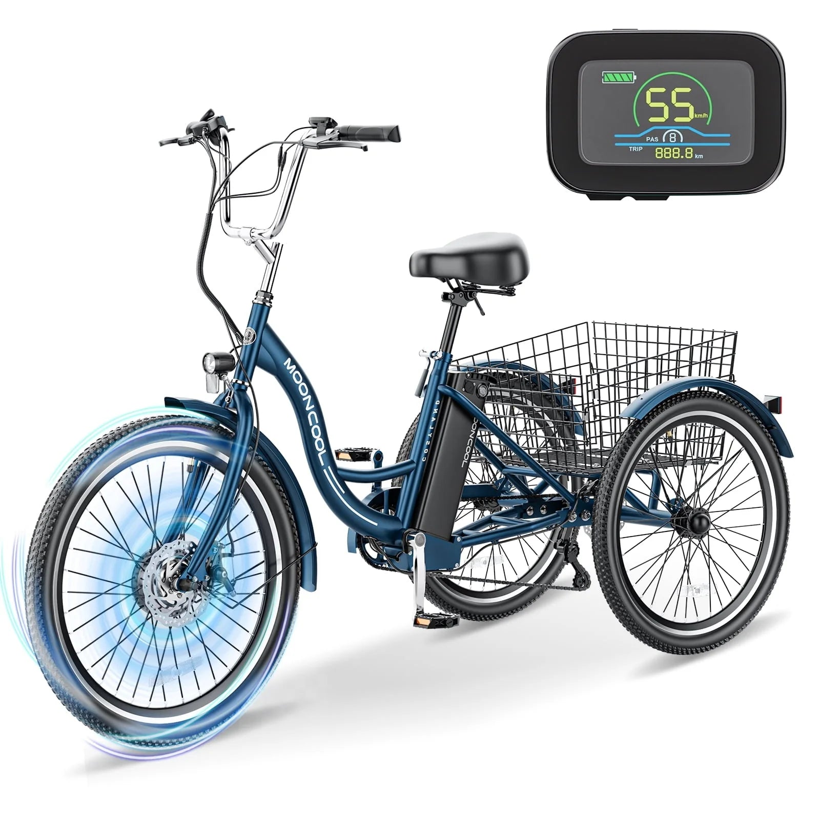 Mooncool 24" 26" 3 Wheel Electric Tricycle for Adults, 350W 36V 7 Speeds Motorized Electric Trike Three Wheel Electric Bikes Bicycle with Large Basket for Women Men