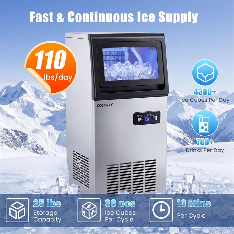 110 LBS/24H Commercial Ice Maker, Stainless Steel Ice Machine with 25 LBS Storage, 36 Cubes in 13 Mins, Self-Cleaning & Water Filter for Home Bar Cafe