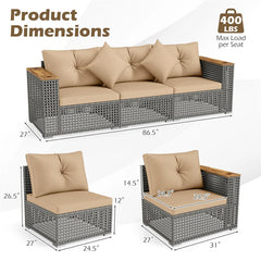 86.5" 3-Seat Patio Wicker Sofa, 3PCS Modular PE Rattan Sectional Furniture Set with Cup Holders & Wood Armrests, Outdoor Couch for Garden Yard