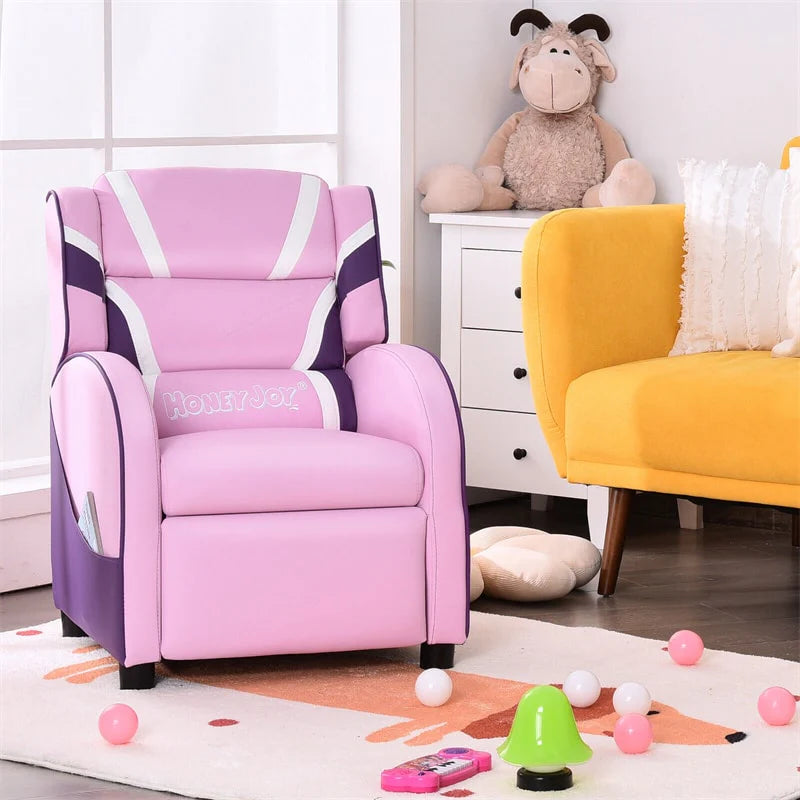 Kids Recliner Chair, Adjustable PU Leather Gaming Sofa with Footrest, Lumbar Support & Side Pockets, Ergonomic Children Lounge Armchair