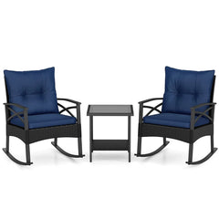 3 Piece Rattan Patio Rocking Bistro Set, Outdoor Wicker Rockers with Cushions & 2-Tier Tempered Glass Coffee Table for Porch, Balcony, Backyard