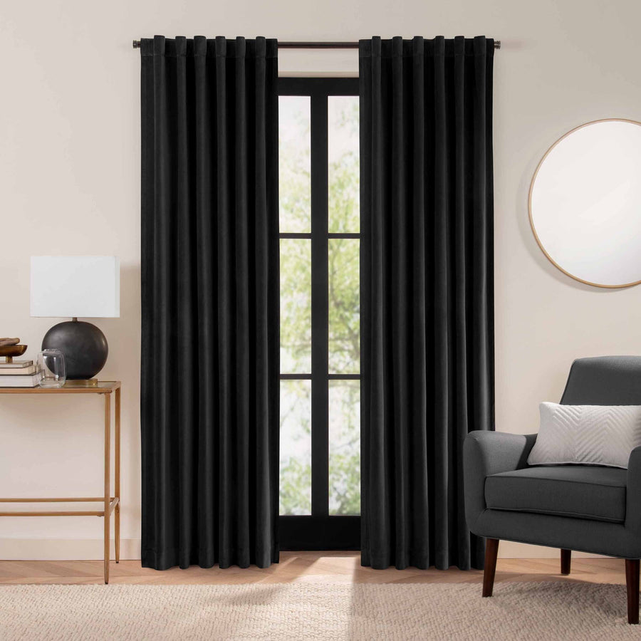 Eclipse Luxury Cotton Velvet 100% Blackout Rod Pocket Back Tab 84" x 50" Curtain Window Panel in Black