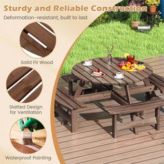 8-Person Round Wood Picnic Table Set with 4 Built-in Benches & 2" Umbrella Hole, Holds 2420 LBS, Outdoor Dining Table & Bench for Patio Garden