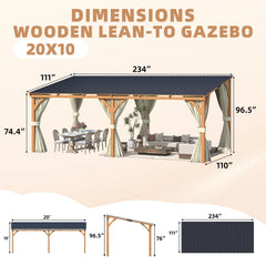 AECOJOY 20x10 Outdoor Wooden Pergola Gazebo with Curtains and Netting for Patio