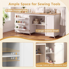 62.5" Folding Sewing Table Rolling Craft Station with Storage Cabinet & Shelves, Foldable Sewing Machine Desk w/ Lockable Wheels for Home