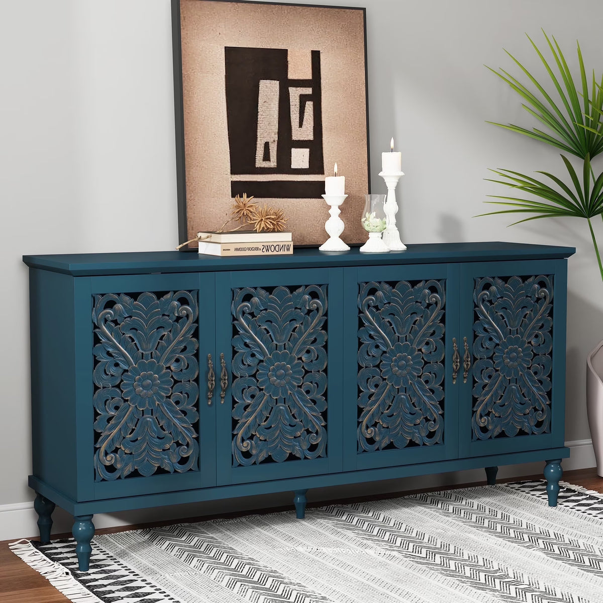 HLR 48" Accent Cabinet with 4 Doors, Vintage Hollow Carving Storage Credenza, Sideboards and Buffets Cabinet for Living Room, Kitchen, Dining Room, Entryway