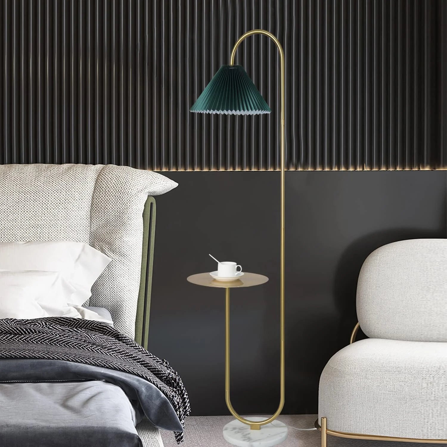 Modern Elegant with Tray Floor Lamp for Office Cafe Den Living Room Bedroom, Foot Switch and Brass/Gold Finish, Light Yellow Pleated Cloth Lampshade