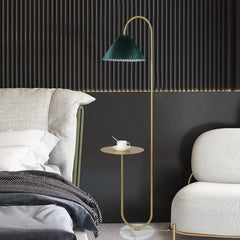 Modern Elegant with Tray Floor Lamp for Office Cafe Den Living Room Bedroom, Foot Switch and Brass/Gold Finish, Light Yellow Pleated Cloth Lampshade