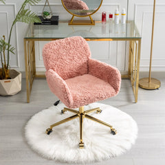 Furniture Office Chair, Artificial Rabbit Hair Makeup Vanity Chair Chair, 360 Comfy Swivel Armchair with Wheels, Modern Height Adjustable Cute Vanity Chair for Living Room Small Spaces Pink