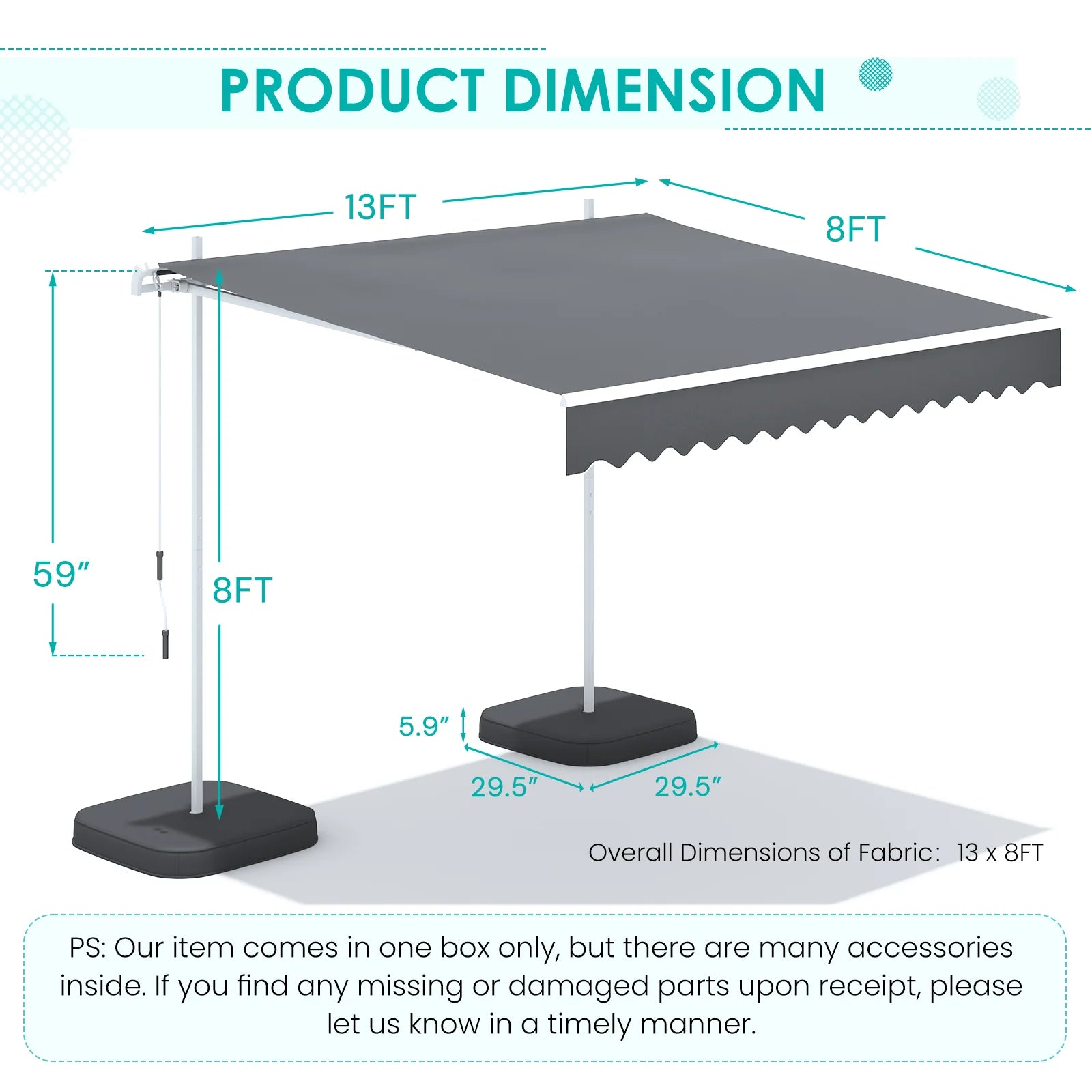 AECOJOY Free Standing Retractable Awning, 13'x8' Patio Awnings Outdoor Manual Sun Shade Shelter, Dark Grey