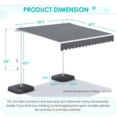 AECOJOY Free Standing Retractable Awning, 13'x8' Patio Awnings Outdoor Manual Sun Shade Shelter, Dark Grey