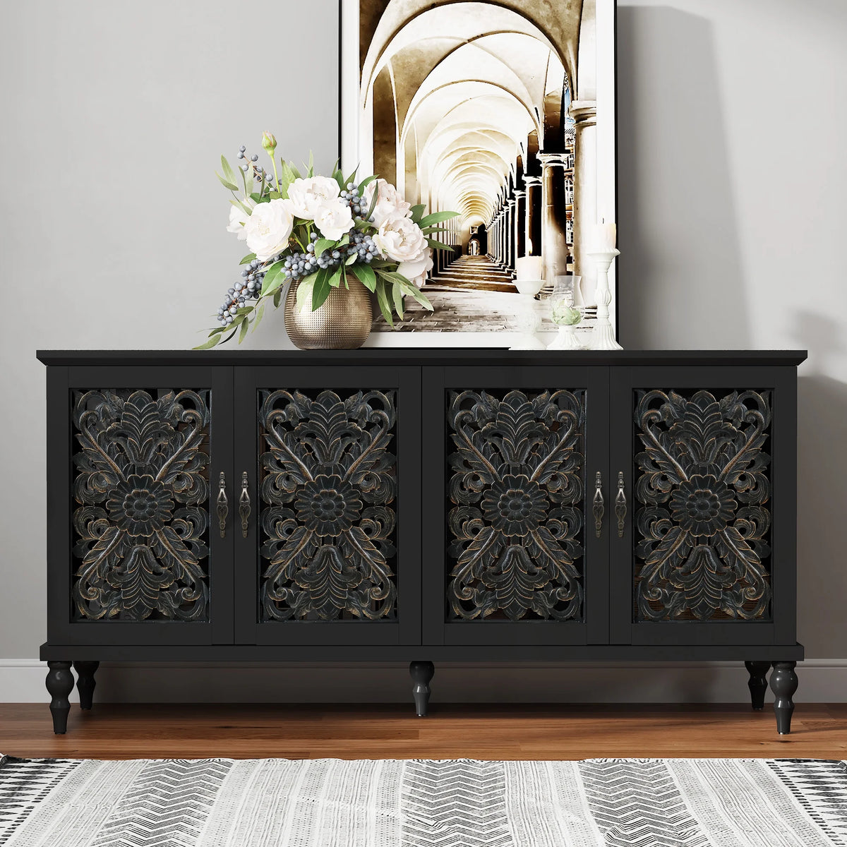 HLR 48" Accent Cabinet with 4 Doors, Vintage Hollow Carving Storage Credenza, Sideboards and Buffets Cabinet for Living Room, Kitchen, Dining Room, Entryway