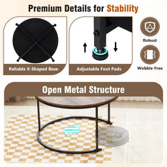 Tangkula Round Nesting Coffee Table Set of 2 with Fabric Storage Basket & Metal Frame