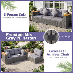 86.5" 3-Seat Patio Wicker Sofa, 3PCS Modular PE Rattan Sectional Furniture Set with Cup Holders & Wood Armrests, Outdoor Couch for Garden Yard