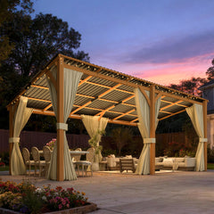 AECOJOY 20x10 Outdoor Wooden Pergola Gazebo with Curtains and Netting for Patio