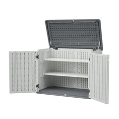 AECOJOY Horizontal Storage Shed with Removable Shelf, Lockable Outdoor Storage Cabinet – 28 Cu.ft, Ivory White