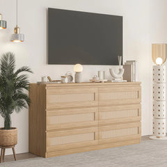 Garvee Rattan Dresser for Bedroom 6 Drawer, Double Dresser with Anti - Tip Kit, Wood Storage Wide Chest of Drawers for Bedroom, Living Room, Hallway, Oak Color