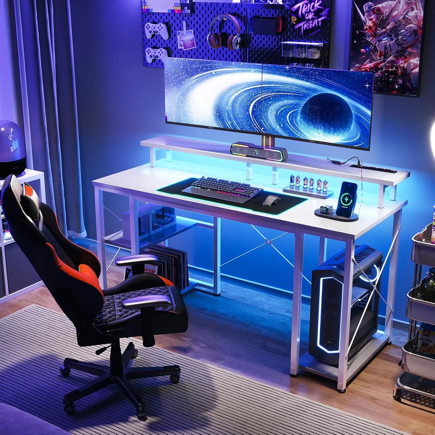 ODK 48 in Gaming Desk with LED Lights & Power Outlets, Computer Desk with Monitor Stand & Storage Shelves, CPU Stand, Home Office Desk, White