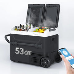 DISHUP 12V Portable Car Refrigerator, 53QT(50 L) Electric Cooler with Dual Zone, DC & AC, Ideal for RV, Camping, Travel, Truck