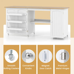 62.5" Folding Sewing Table Rolling Craft Station with Storage Cabinet & Shelves, Foldable Sewing Machine Desk w/ Lockable Wheels for Home