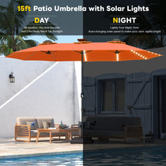 AECOJOY 15ft Patio Double-Sided Umbrella, 156 PCS Solar LED Light Outdoor Large Umbrella, Orange