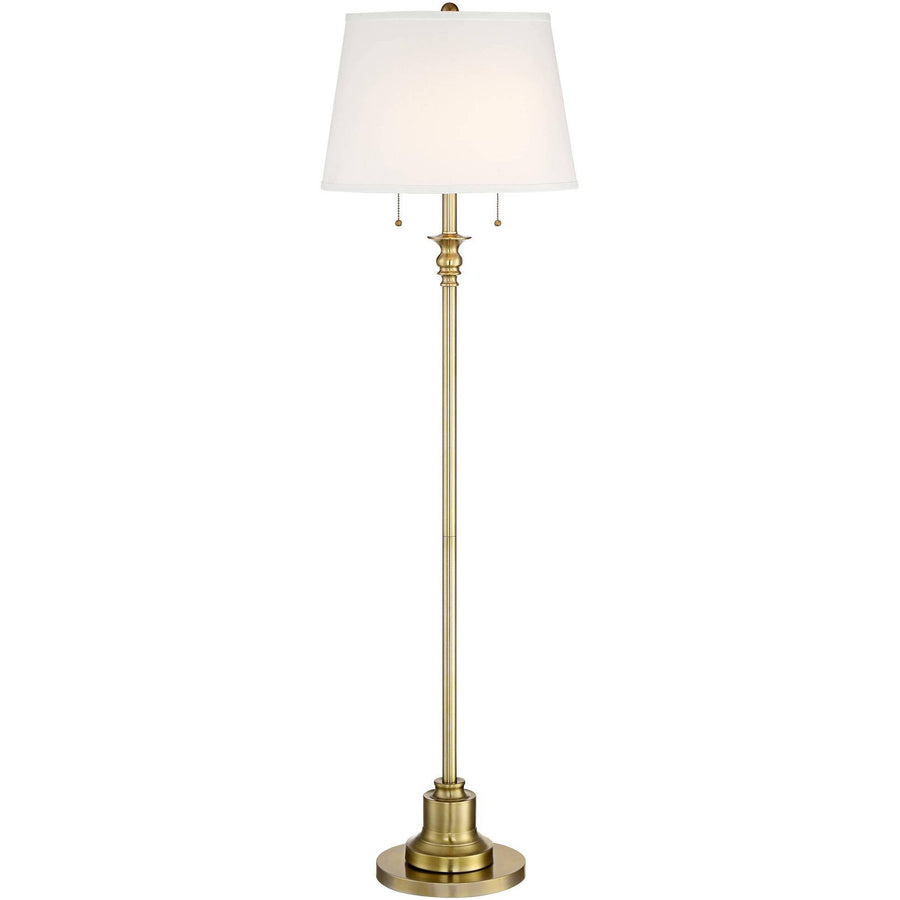 360 Lighting Traditional Floor Lamp Brushed Antique Brass Metal Off White Linen Fabric Drum Shade for Living Room Reading Bedroom