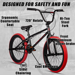Cubsala 20 in Kids BMX Bike Freestylefor Age 6 - 14 Years Old Boys Girls with 4 Pegs, Black with Red Tires
