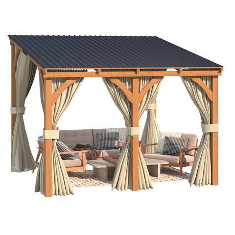 AECOJOY 10x10 Outdoor Wooden Pergola Gazebo with Curtains and Netting for Patio