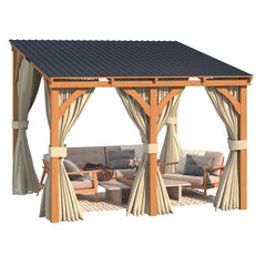 AECOJOY 10x10 Outdoor Wooden Pergola Gazebo with Curtains and Netting for Patio