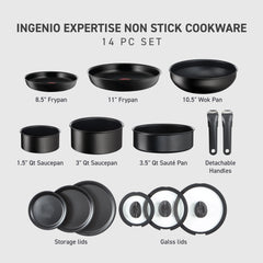 T - Fal Ingenio Expertise Nonstick 14 - Piece Cookware Set, Induction Oven Safe up to 500F, Detachable Handle, Onyx Black