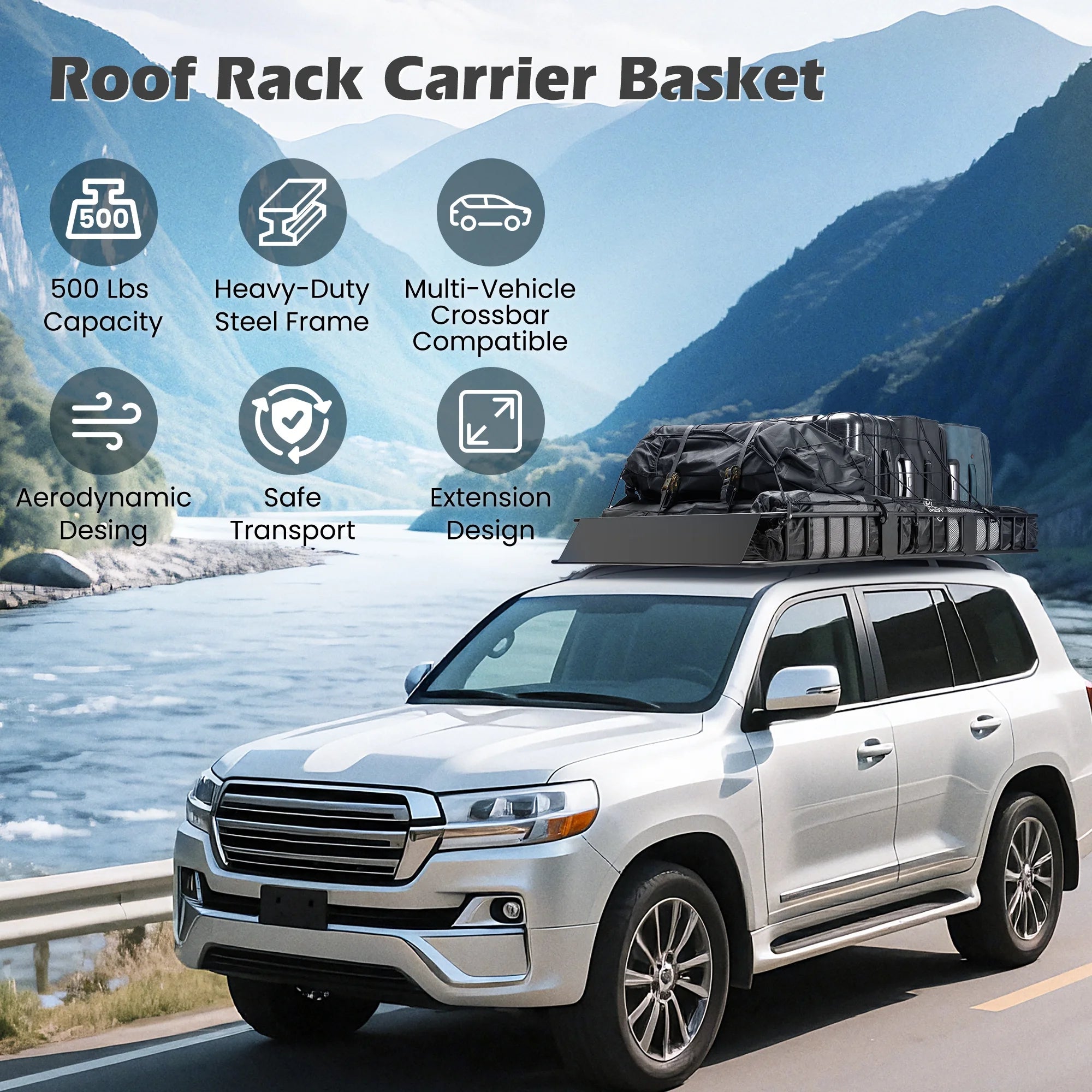 Naipo Roof Rack Cargo Basket, 500 lb, 64"x39"x6"extendable Roof Luggage Holder Rack with 4 U - Bolts for SUV/RV, Camping