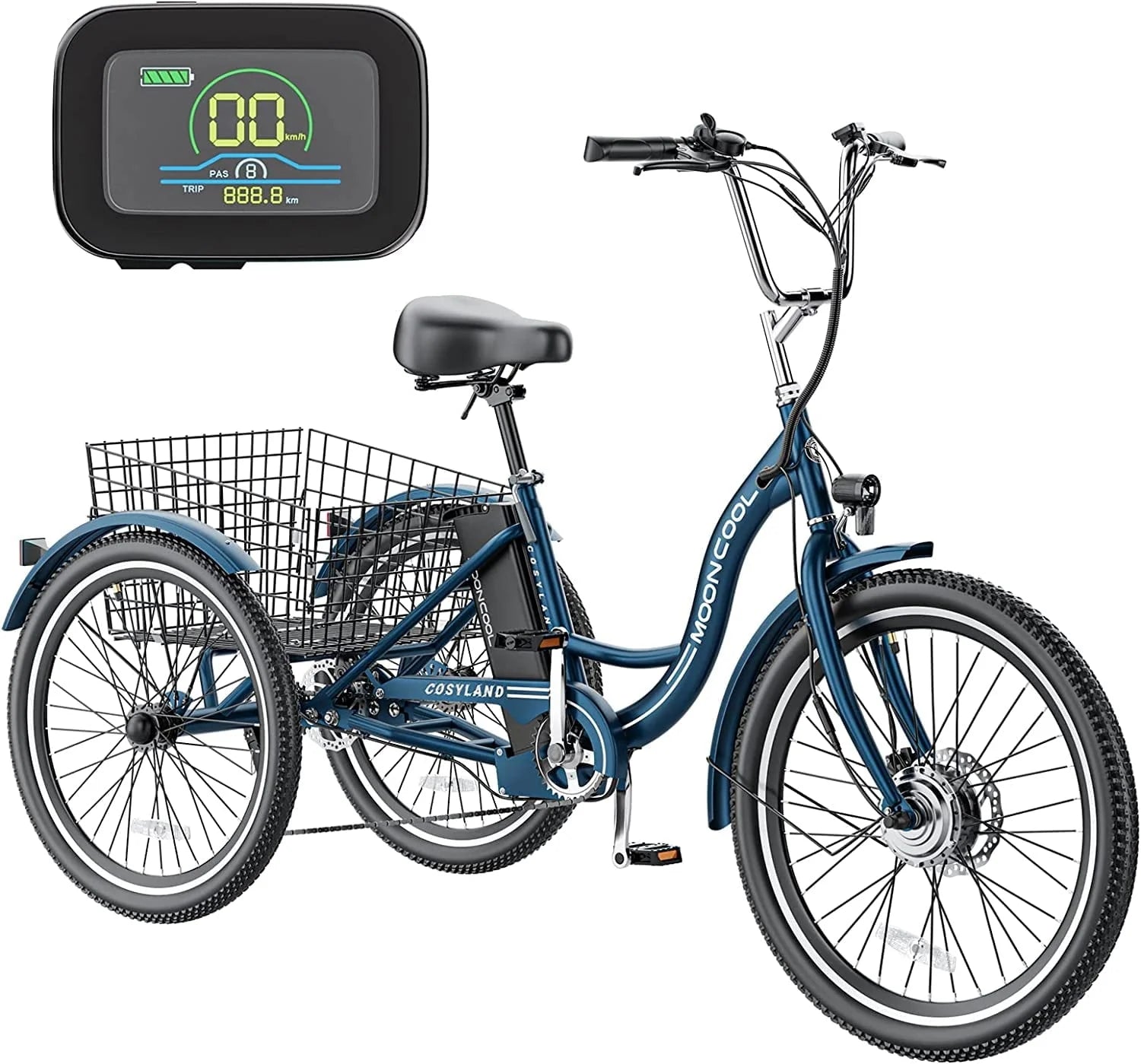 Mooncool 24" 26" 3 Wheel Electric Tricycle for Adults, 350W 36V 7 Speeds Motorized Electric Trike Three Wheel Electric Bikes Bicycle with Large Basket for Women Men