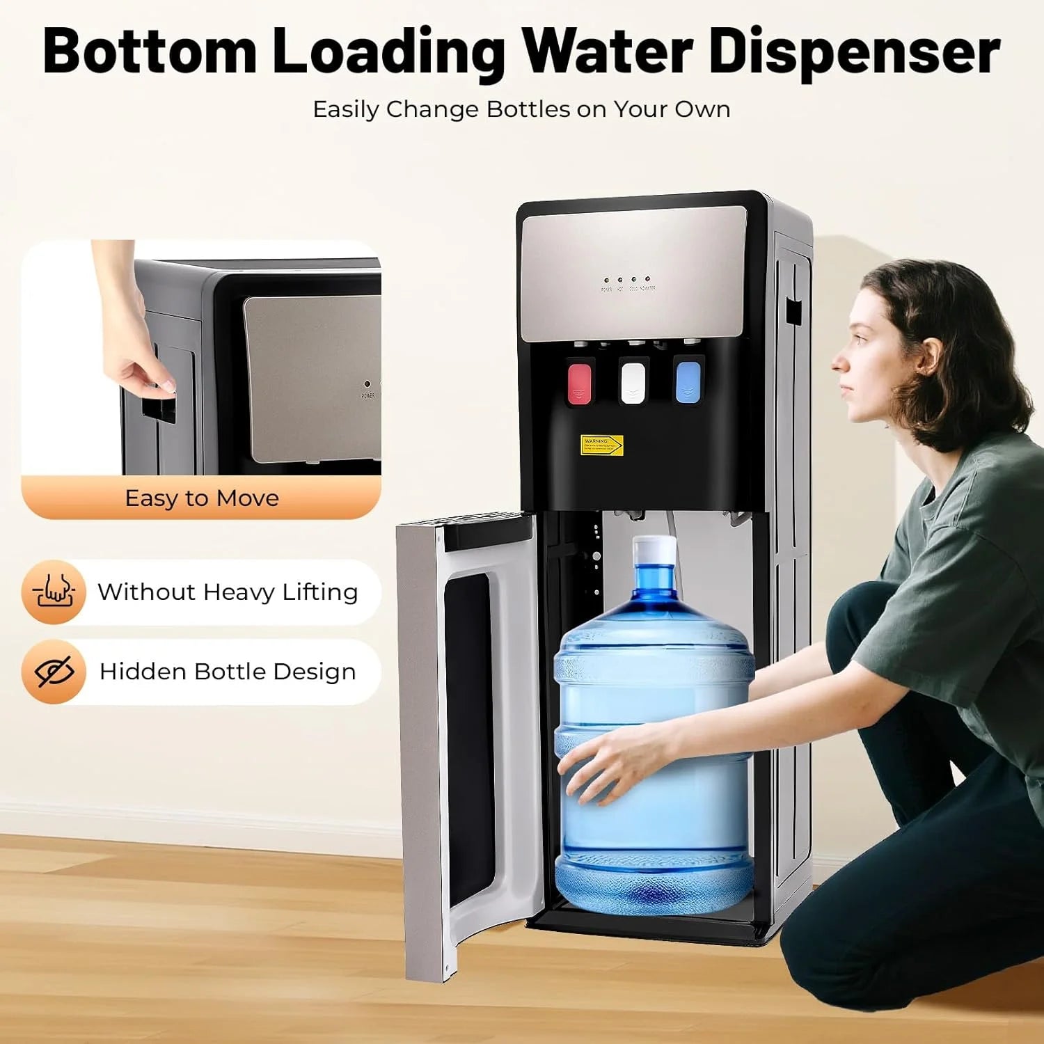 Bottom Loading Water Dispenser for 5 Gallon Bottle, 3 Temperature Settings (Hot, Room & Cold Water), 110V US Plug, 5 L/H Rapid Heating, 0.53gal/H Cooling, Anti - Scald Design for Home/Office (Grey)