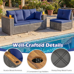 86.5" 3-Seat Patio Wicker Sofa, 3PCS Modular PE Rattan Sectional Furniture Set with Cup Holders & Wood Armrests, Outdoor Couch for Garden Yard