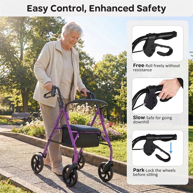 Foldable Rollator Walker with Seat & Height Adjustable Handles for Seniors, Lightweight Portable Rolling Walker w/ 8" Wheels & Storage Basket