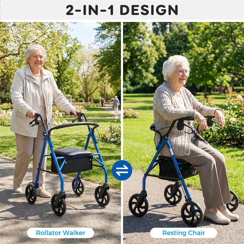 Foldable Rollator Walker with Seat & Height Adjustable Handles for Seniors, Lightweight Portable Rolling Walker w/ 8" Wheels & Storage Basket