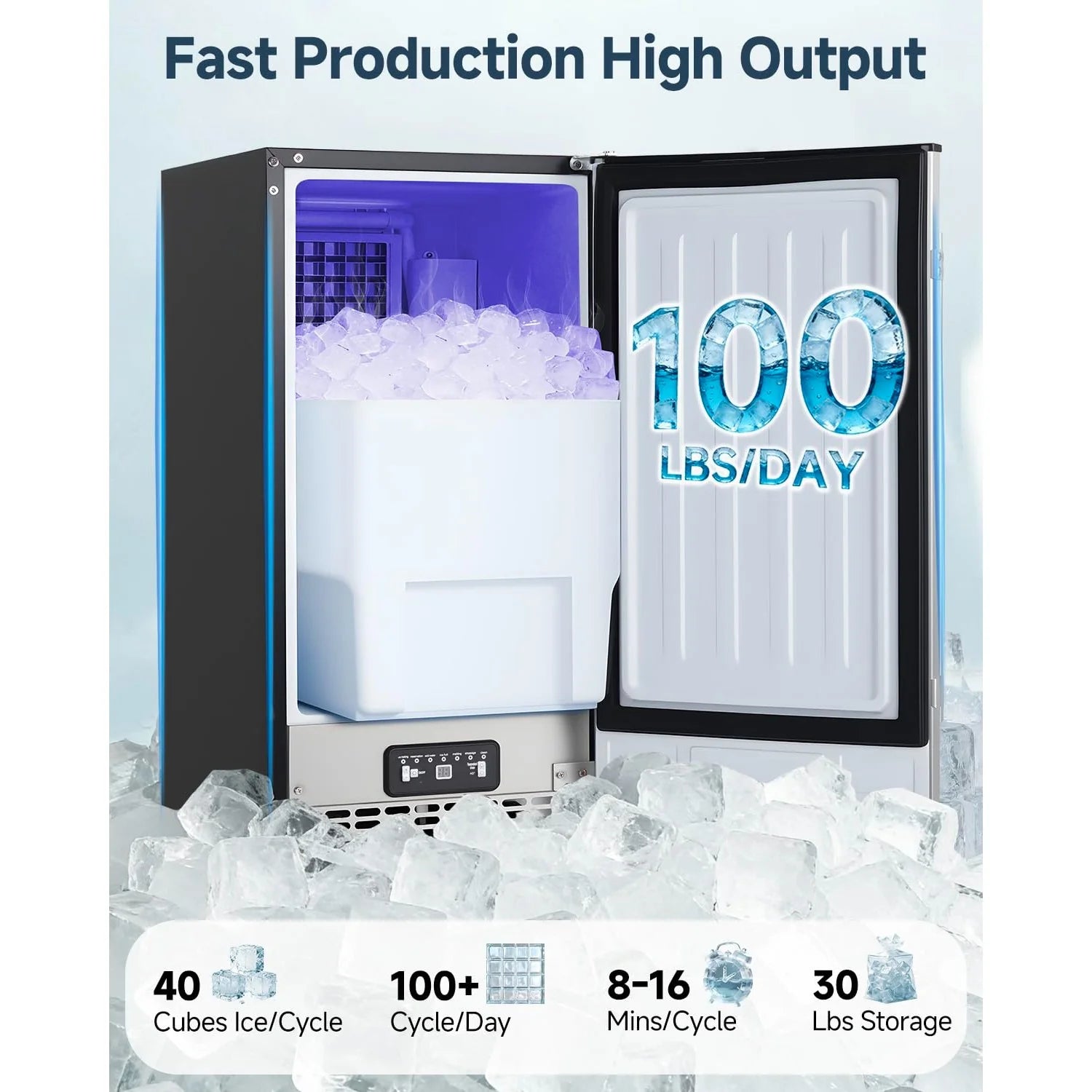 AECOJOY 15''W Commercial Ice Maker 100 lbs/24H, Stainless Steel Under Counter Ice Machine with 30 lbs Storage Bin