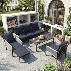 AECOJOY Aluminum Patio Furniture Set - 5 Seat Outdoor Sectional with Retractable Footrest Sofas & Coffee Table