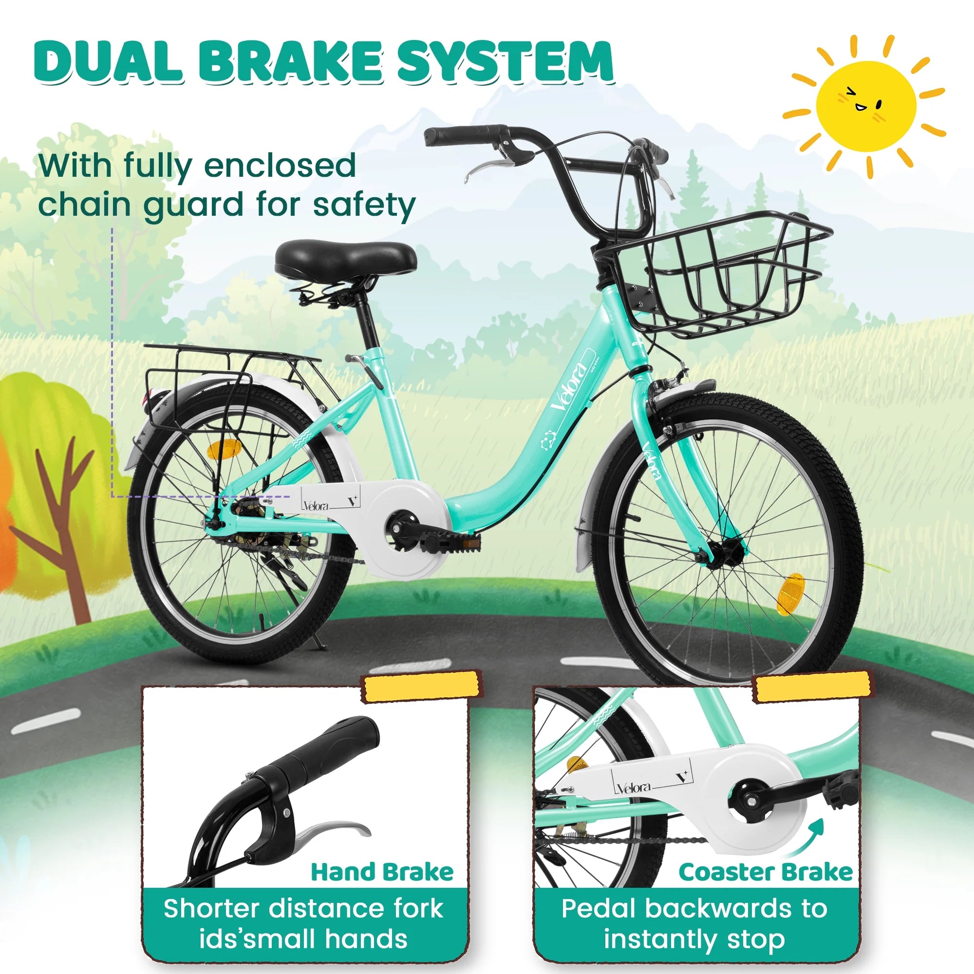 20 in Kids Bike for Boys Girls, 1 Speed Children Bicycle with Basket, Rear Seat, Chain Guard, Coaster Brake and V - Brake, Steel Frame Kids Bike for Ages 6 - 12 Years Old Birthday Gift, Purple