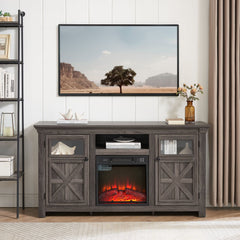 60" Farmhouse Fireplace TV Stand for Tvs up to 70 in, Entertainment Center with 18" Electric Fireplace, Rustic TV with Glass Barn Doors for Living Room, Adjustable Shelf