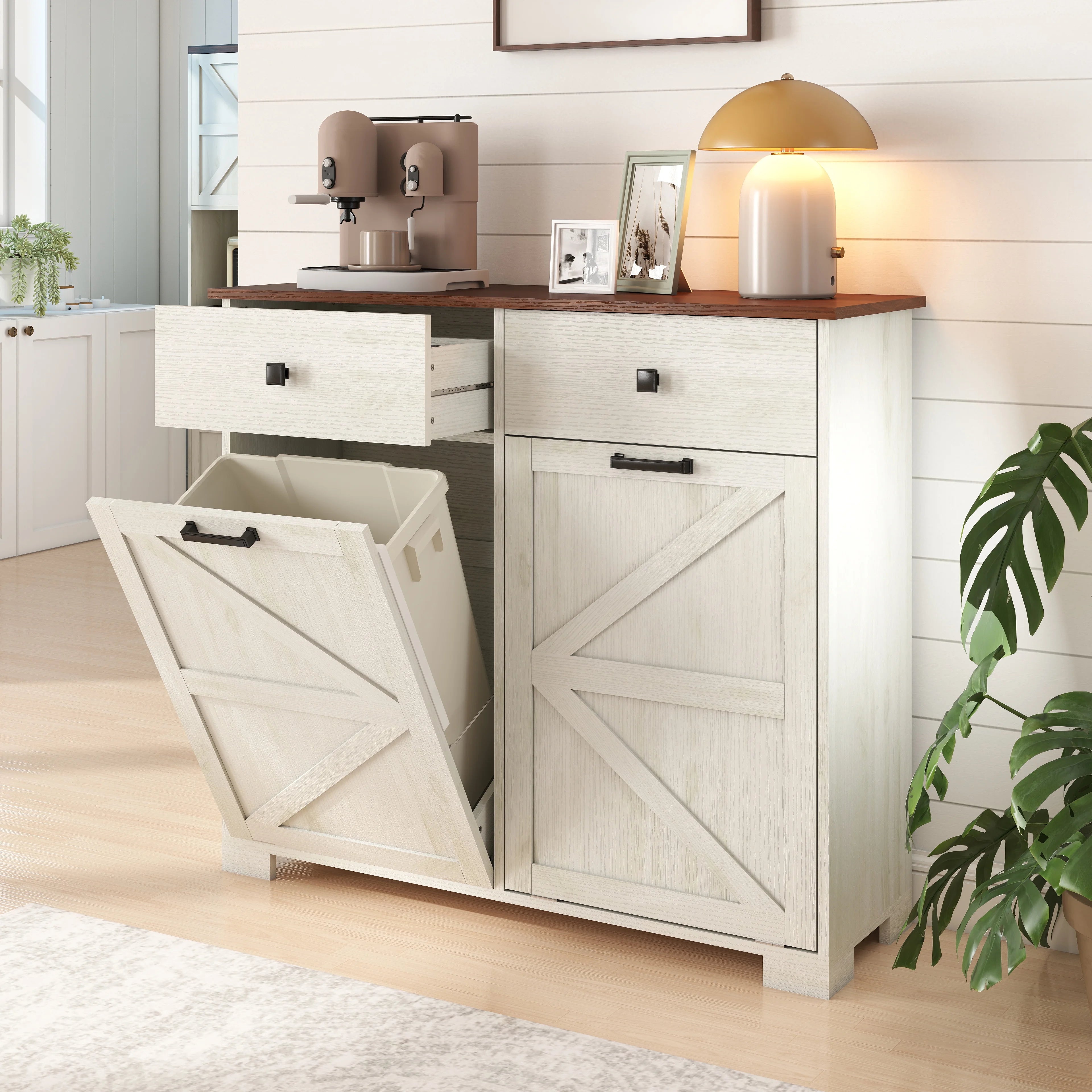 Trumanpick 61"h Large Buffet Sideboard Cabinet, TV Cabinet, Kitchen Pantry for Dining Room, Living Room, 61.3''L x 15''W x 29.8''H, White/Walnut