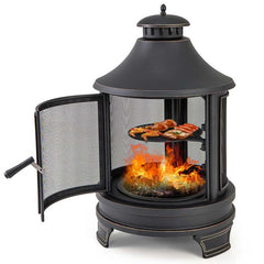 30" 2-in-1 Metal Chiminea Fire Pit with Adjustable Grill & Chimney, Outdoor Wood Burning Chiminea Fireplace with Spark Screen for Patio Backyard BBQ