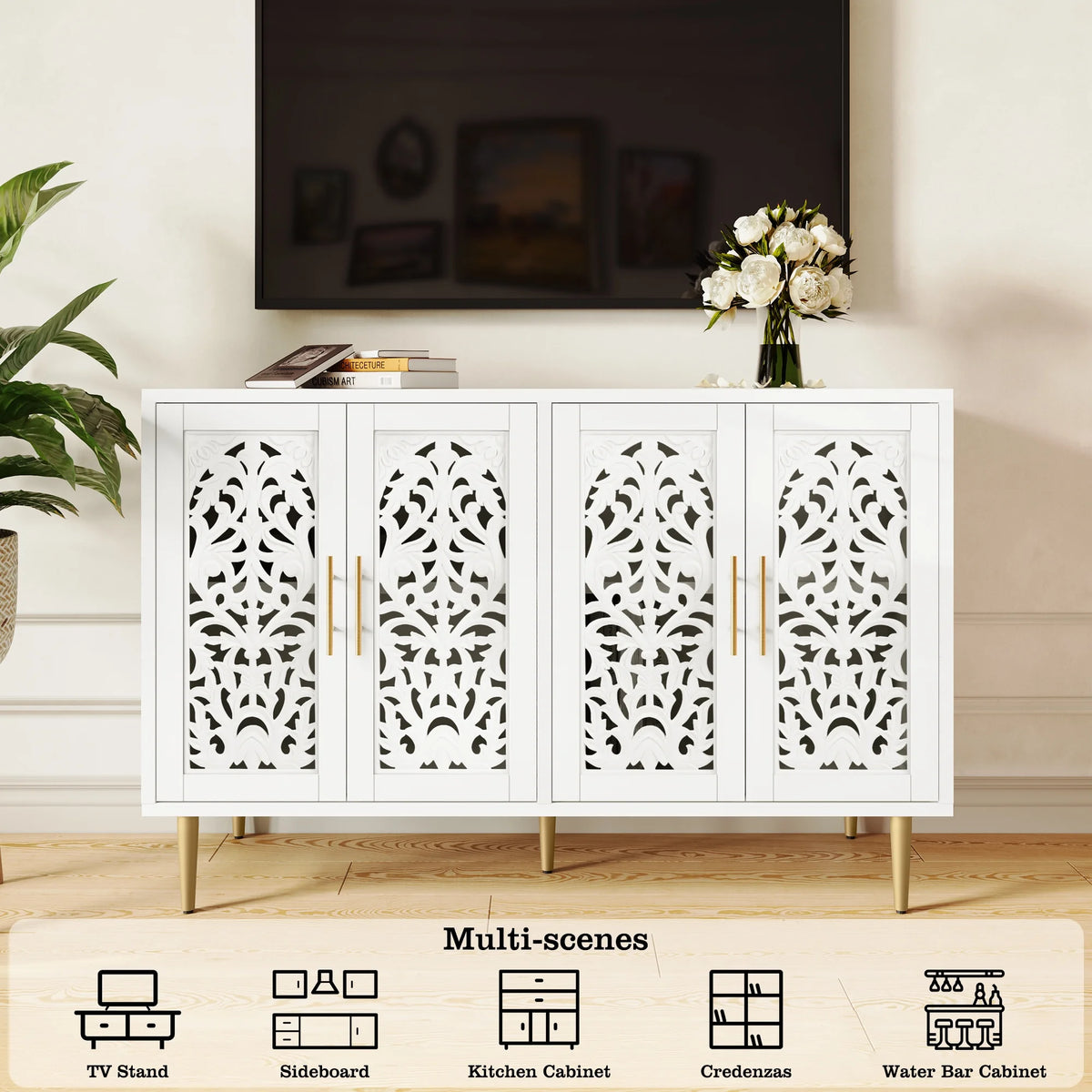 HLR 48" Accent Cabinet with 4 Doors, Vintage Hollow Carving Storage Credenza, Sideboards and Buffets Cabinet for Living Room, Kitchen, Dining Room, Entryway