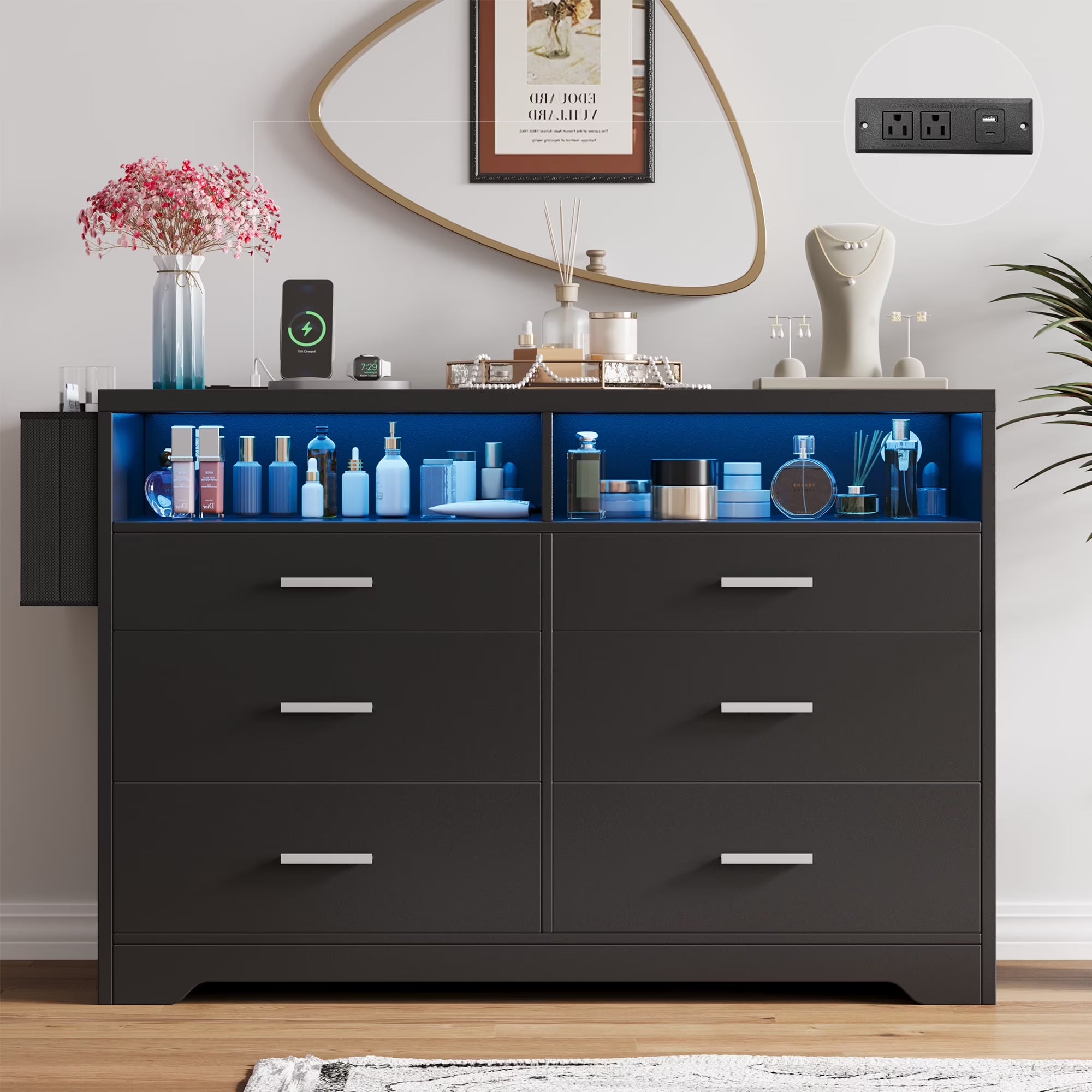 White Dresser for Bedroom, 6 Drawers Dresserwith LED Lights and Charging Station, 47" Wide Bedroom Dresser Chest of Drawers Storage Organizer TV Stand for up to 55" TV for Living Room