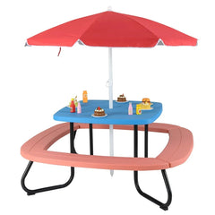 8-Person Kids Picnic Table Bench Set with Removable & Foldable Umbrella, Toddler Outdoor HDPE Activity Table and Chair Set for Backyard Patio