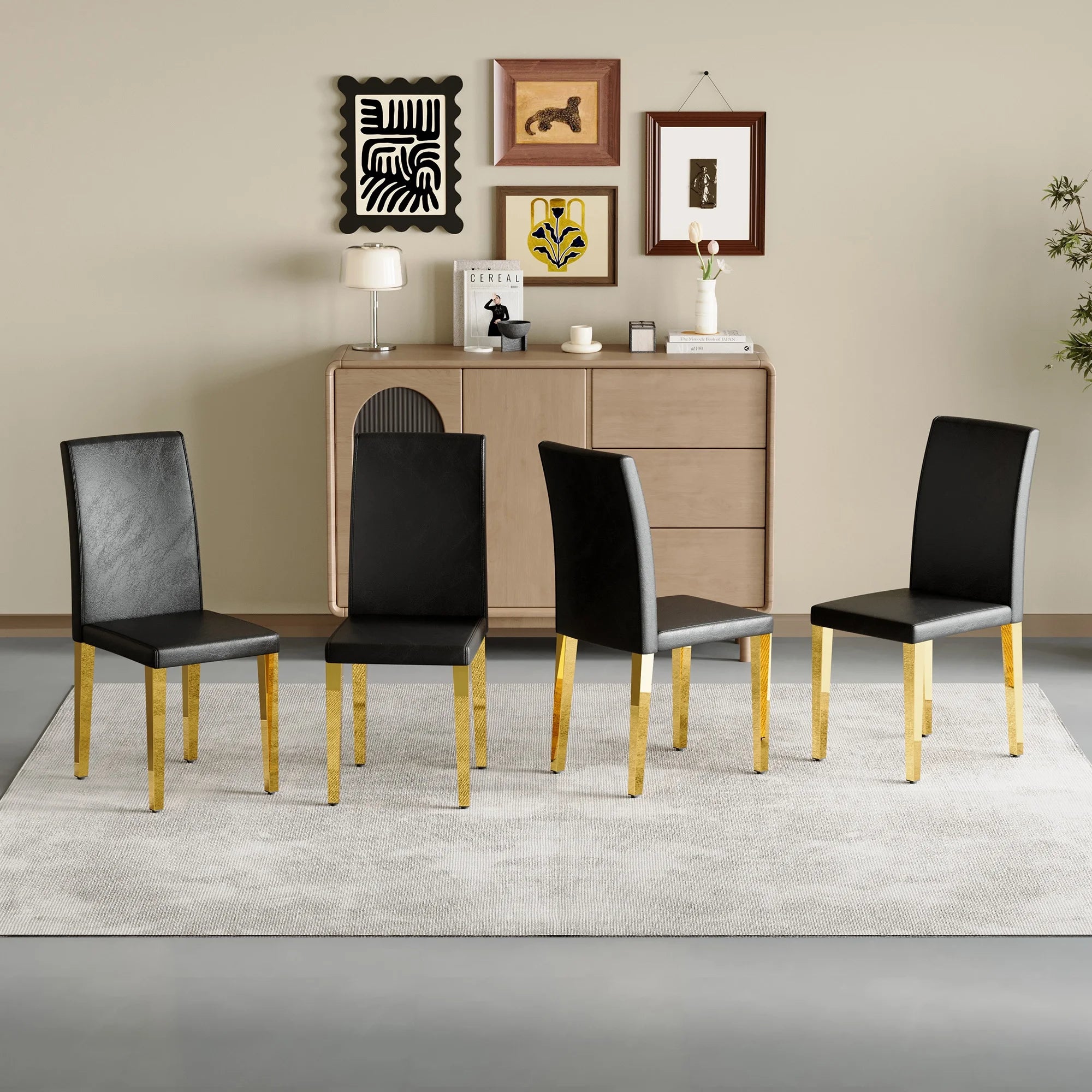 Set of 4 Black PU Leather Backrest Chairs with Gold Metal Legs - A Perfect Pairing, Ideal for Minimalist and Modern Home Decor Styles, with Product Dimensions of 16.2*18.5*34.6 in